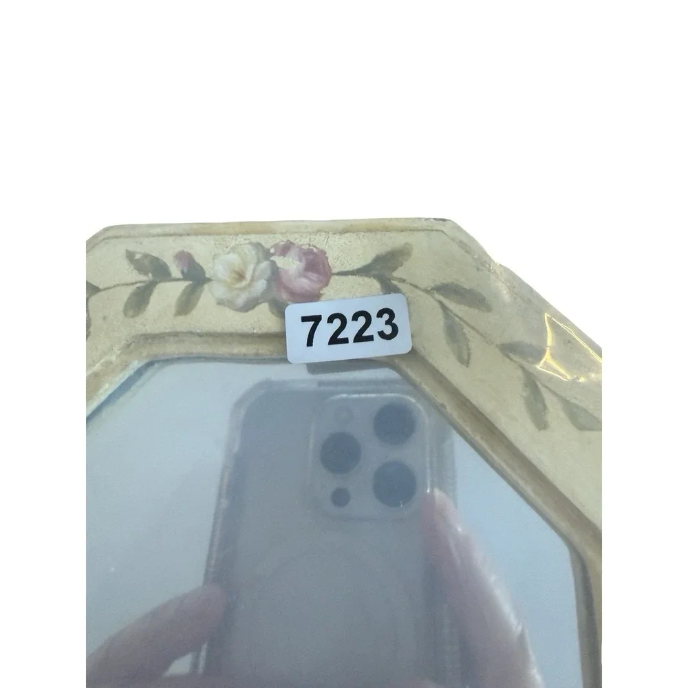Vintage Wood Framed Wall Mirror Hexagon‎ Farmhouse Cottage Decor roses off white